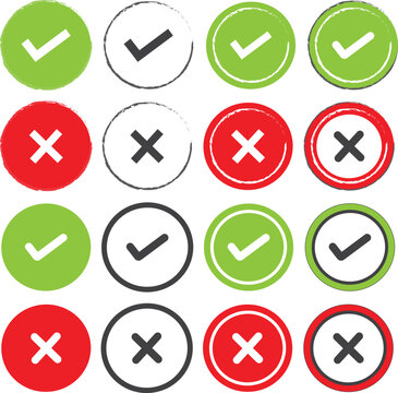 Check and Cross Icons Set Red Green Black Circular Tick and Wrong Symbols for Web UI and Design Use