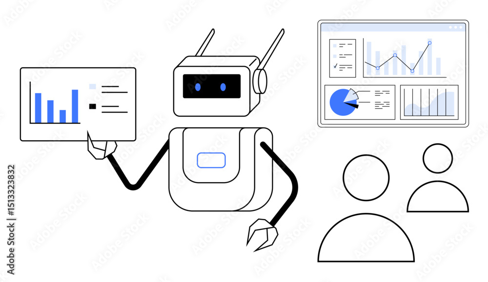 Poster robot holding data chart, analyzing graphs on a screen two figures observing. ideal for ai, automati