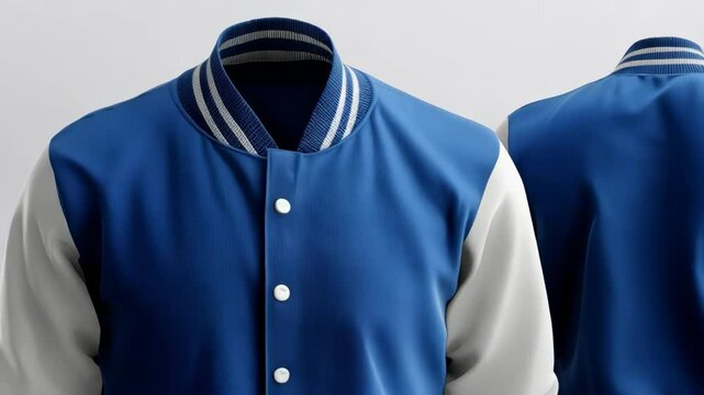 Blue and white varsity jacket with button closure, ribbed collar and cuffs for fashion apparel and athletic wear on a plain background