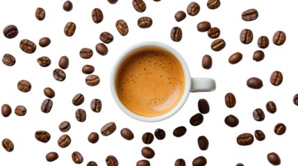 A cup of coffee surrounded by roasted coffee beans, white isolate background.