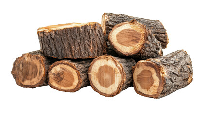A stack of rustic logs, showcasing natural wood textures and colors against a white isolated background.