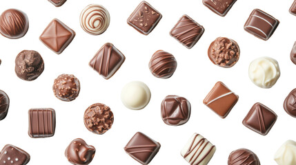 Obraz premium Assorted chocolate candies on a white isolate background, perfect for sweet indulgence.