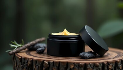 Natural Men’s Skincare Balm in Black Jar on Wooden Surface