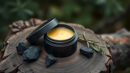Natural Men’s Skincare Balm in Black Jar on Wooden Surface