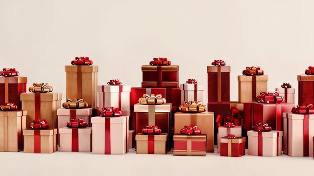A diverse assortment of red and beige presents, tied with elegant ribbons and bows, are arranged in a pile, creating a festive and celebratory atmosphere against a simple, light-colored backdrop.