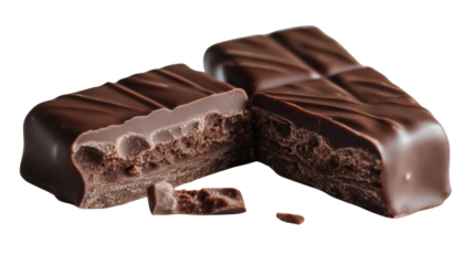 Chocolate bar split in half, revealing layers of creamy filling, white isolated background.