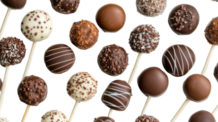 Chocolate cake pops with various toppings on a white background.