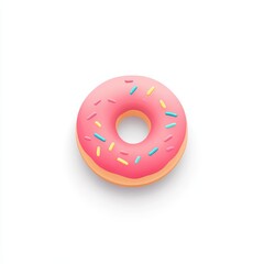 A pink frosted donut with colorful sprinkles, rendered in a 3D style against a white background, casting a subtle shadow