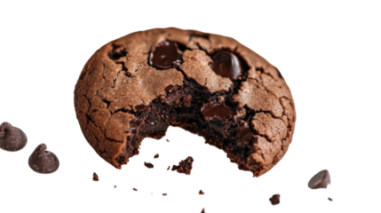Chocolate cookie with a bite taken out, crumbs and chocolate chips scattered. Isolated on white background.