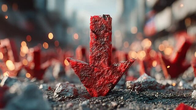 Symbolic downturn: A dense field of red arrows points down amidst cityscape backdrop