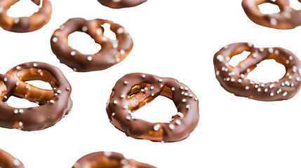 Chocolate-covered pretzels scattered on a white background, delicious snack design.