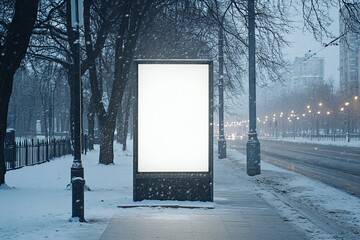 Blank vertical city billboard in snowy winter street with glowing lights and pedestrians