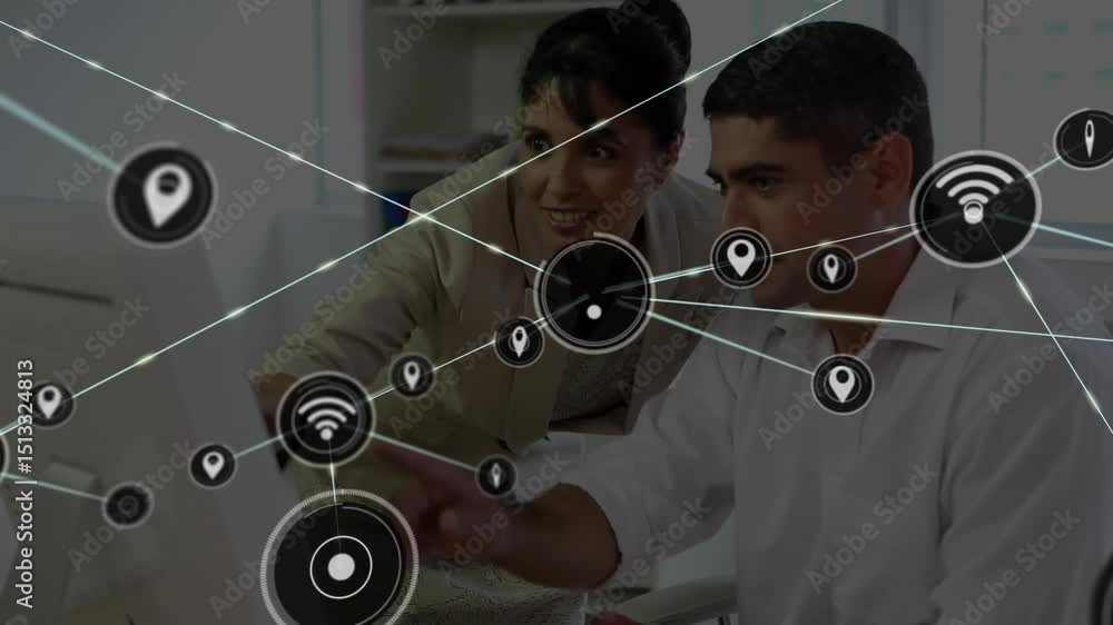 Poster colleagues typing and pointing at monitor spawning animated icons forming growing tech network