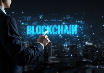 Businessman touching blockchain technology interface with digital network connection
