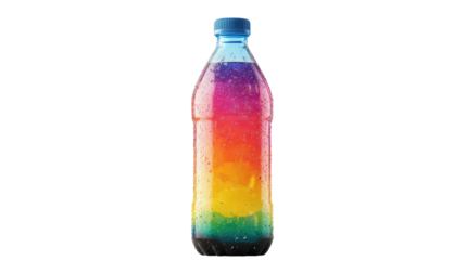 Colorful fizzy drink bottle with vibrant layers, isolated on white background.