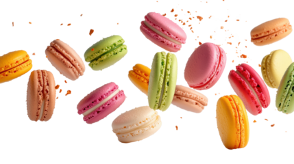 Colorful macarons scattered, white isolate background.