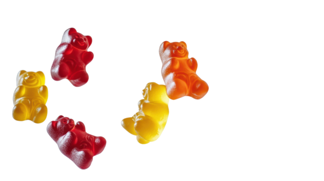 Colorful gummy bears scattered on a white background.