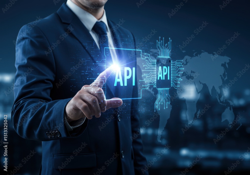 Poster businessman touching a digital screen with api interface and technology concept