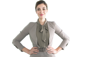 Confident businesswoman smiling with hands on hips, isolated on white background.