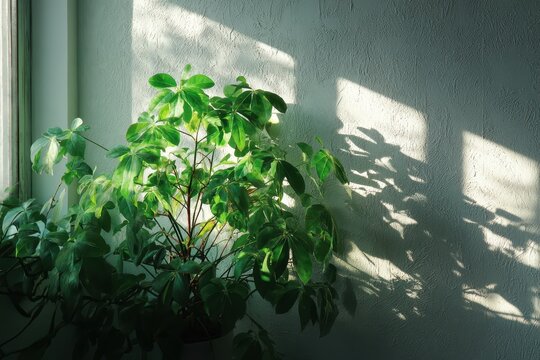Lush green potted plant basks in sunlit window corner, casting patterned shadows on a textured wall