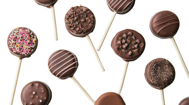 Delicious chocolate lollipops featuring various toppings on a white isolated background.