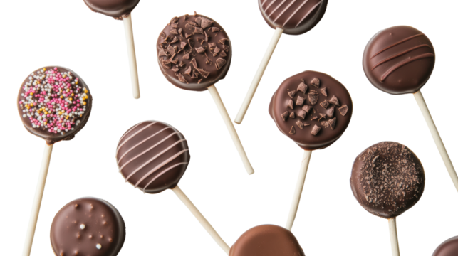 Delicious chocolate lollipops featuring various toppings on a white isolated background.