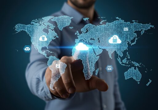Global cloud computing network connecting the world with digital technology and innovation