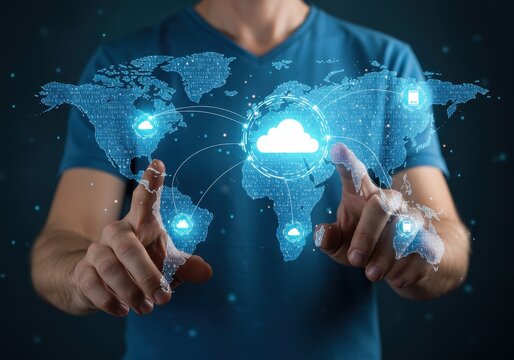 Cloud computing network connecting the world with digital technology and global communication