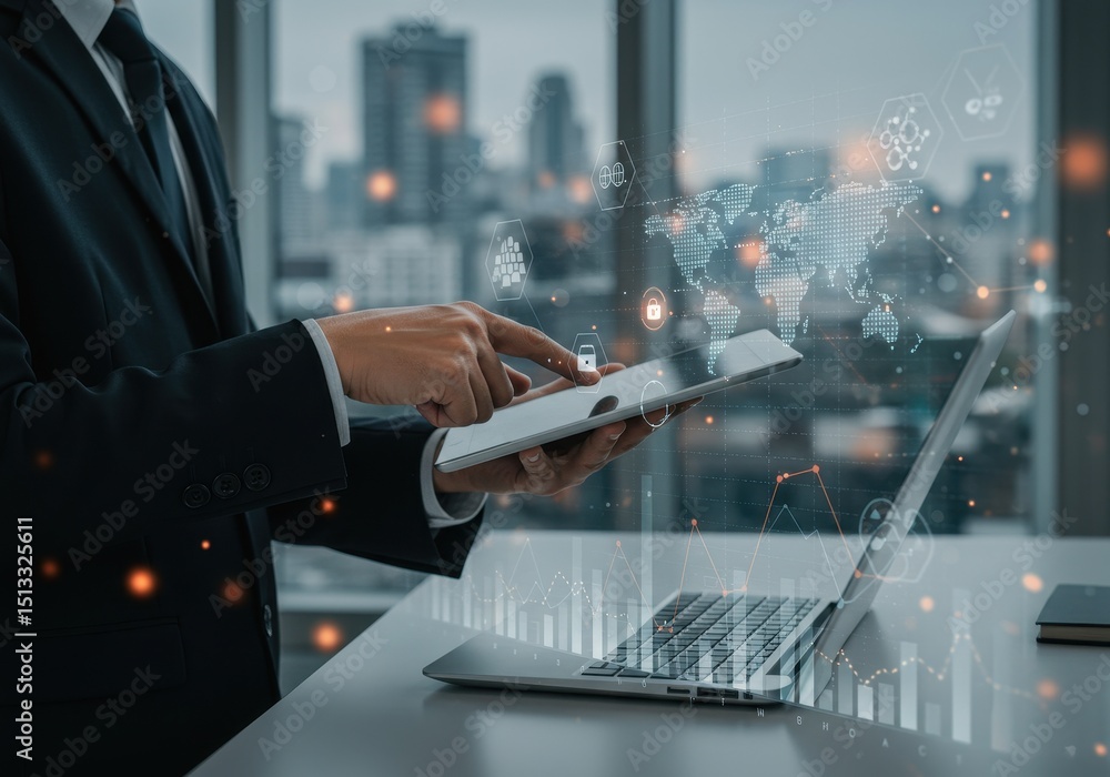 Poster businessman using tablet with digital global network and data analysis in modern office