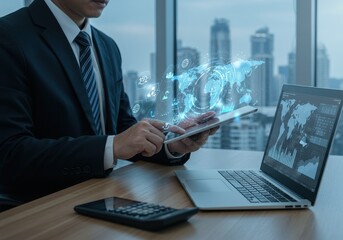 Businessman using tablet with world map and data visualization in modern office