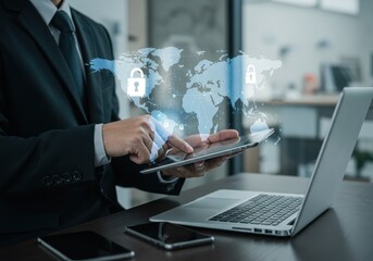 Businessman using tablet with cybersecurity network and global data protection concept