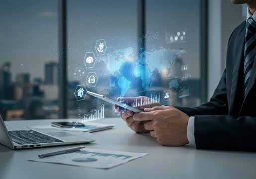 Businessman using digital tablet with world map and data analysis interface in office