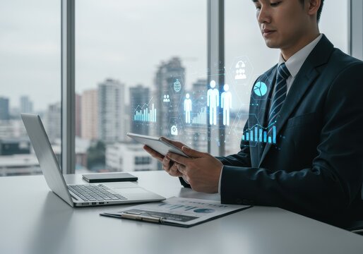 Asian businessman analyzing financial data with digital tablet in modern office