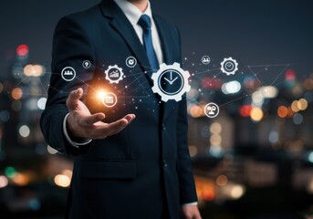 Businessman presenting business strategy and planning with technology network concept