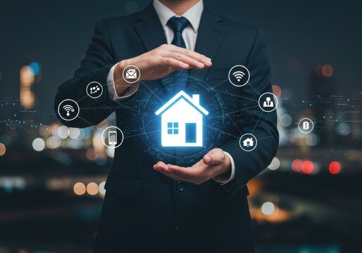 Businessman presenting smart home technology with digital interface and network connections