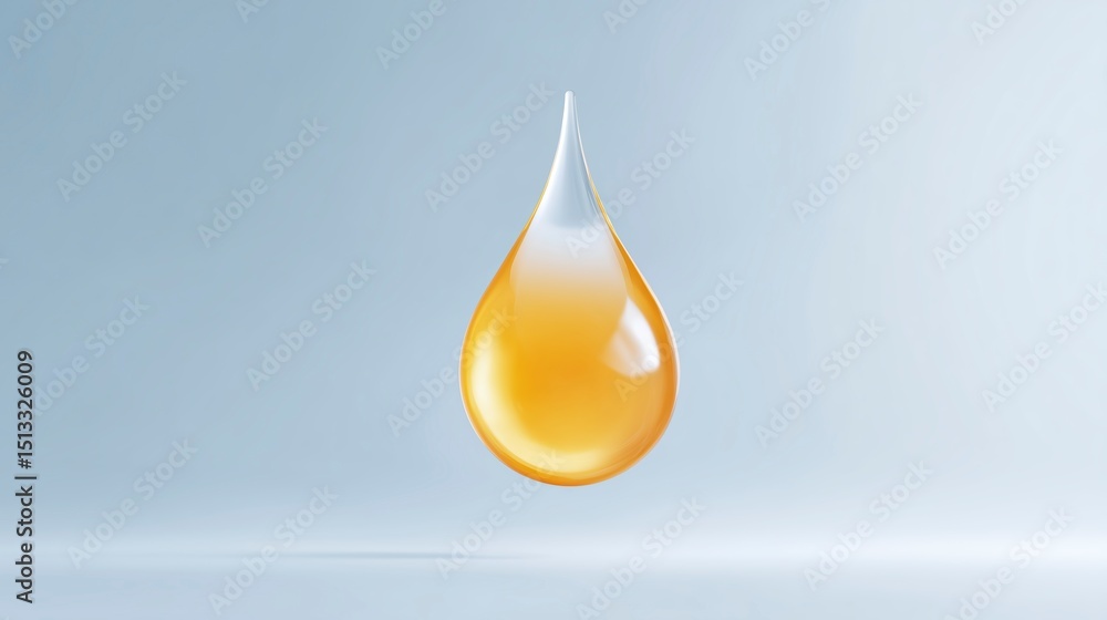 Poster transparent drop of golden liquid suspended in mid-air against a soft gradient background creating a
