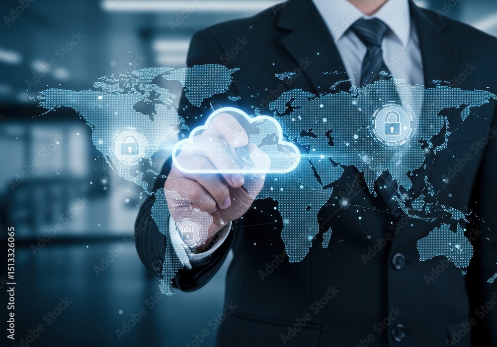 Aufkleber businessman interacting with cloud computing and cybersecurity on a world map