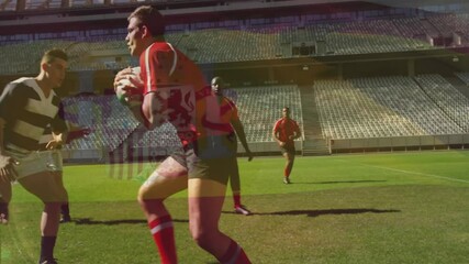 Receiving flat pass red-jersey player scanning for support fending tackle tracing arc for sports - Powered by Adobe