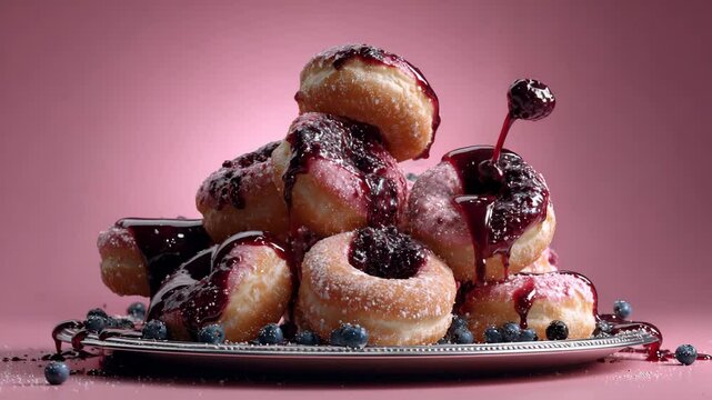 Glossy black cherry-glazed donut stack with dripping sauce on moody dark background, perfect for luxury dessert promos Video 4K UHD 60 FPS