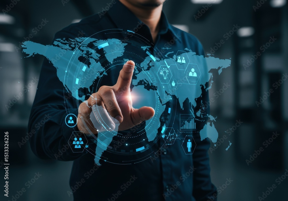 Aufkleber man touching virtual world map with business and technology icons on a digital screen
