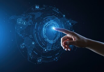 Hand touching digital interface with world map and technology icons on a blue background
