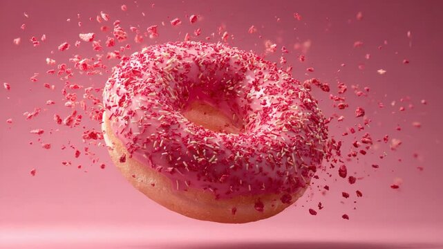 Vivid pink sprinkle donut exploding mid-motion on rose background with modern lighting, perfect for vibrant food marketing Video 4K UHD 60 FPS