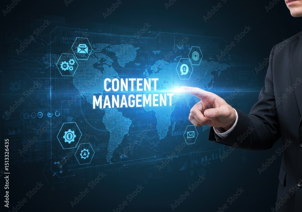 Poster content management system concept with businessman touching virtual interface screen