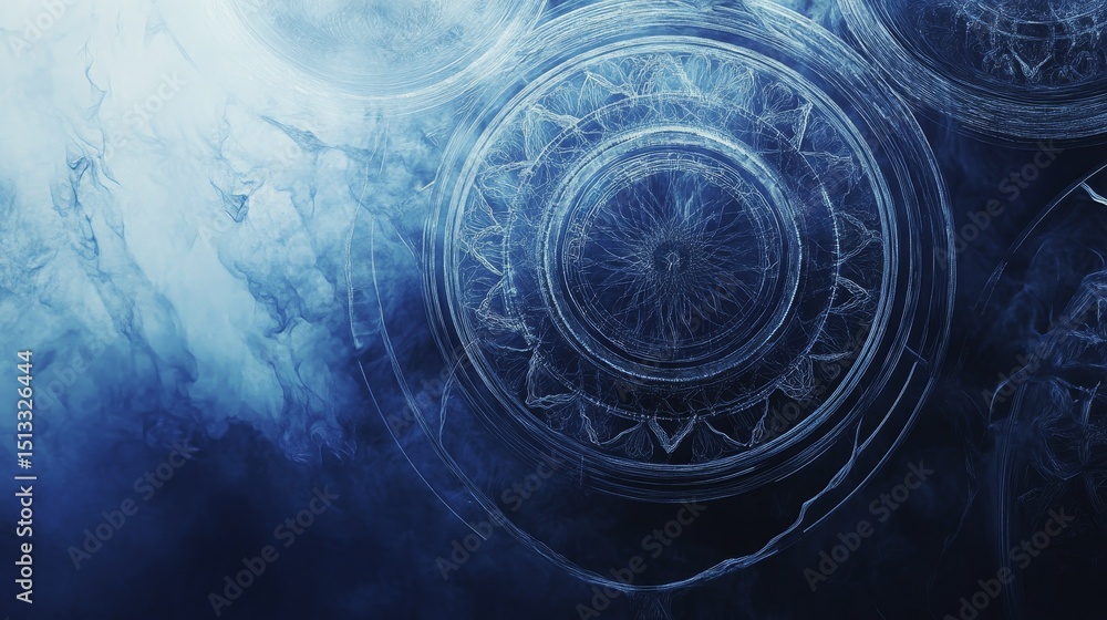 Poster abstract blue background with circular patterns and smoke-like effects.