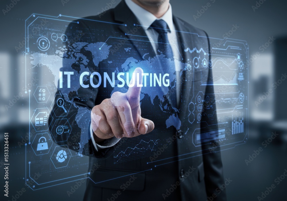 Poster businessman touching virtual screen with it consulting text and world map