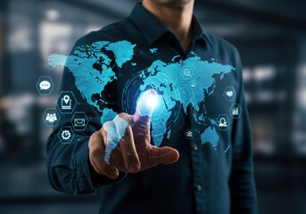 Man touching digital world map with glowing icons representing global connections