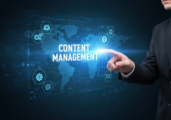 Naklejka premium Content management system concept with businessman touching virtual interface screen