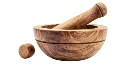 Mortar and pestle, wooden kitchen tools on white isolated background.