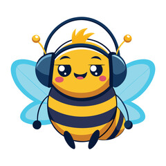 Obraz premium A cute, happy cartoon bee flies with sweet honey to a yellow flower, a funny insect illustration