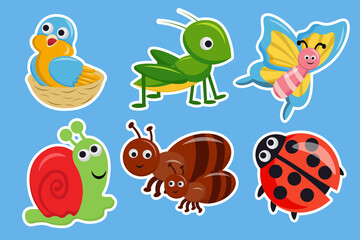 Set of spring insects sticker collection